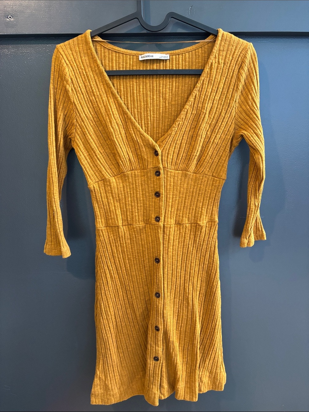 Pull&Bear Mustard Ribbed Button-Front Long Sleeve Dress